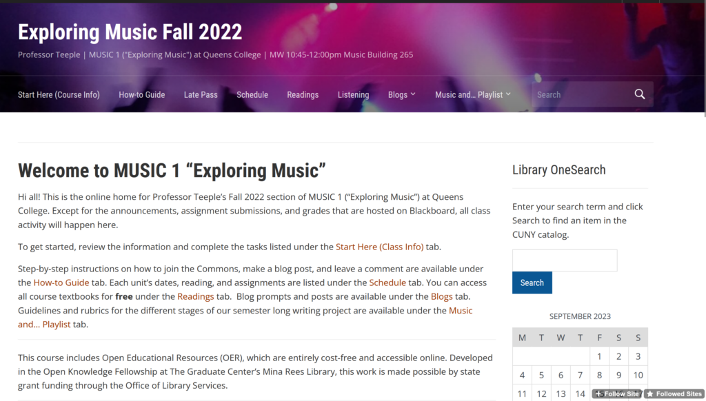 A screenshot of the Exploring Music Fall 2022 Commons course site.